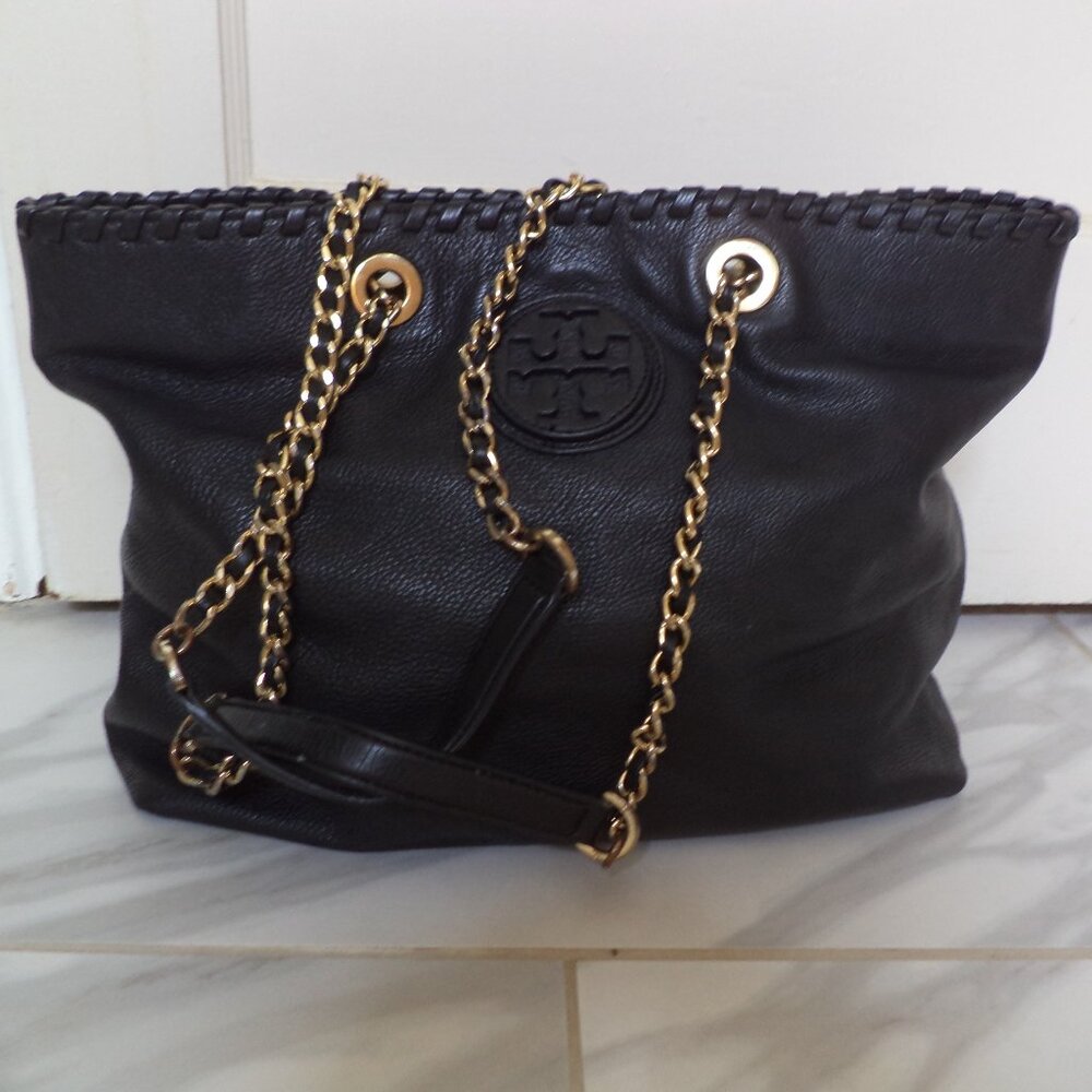 Tory Burch Marion East West Pebbled Leather Gold Chain Strap Black Tote Bag
